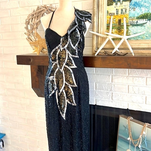 VTG,Lillie Rubin Exquisite, Black Sequin Beaded-Leaf Motif,Evening Gown,Size M - Picture 3 of 16